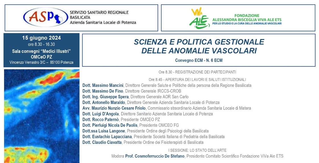 Medio Ambiente-Cultura-Eventos – 24/05/2024 – Política científica y de gestión de las malformaciones vasculares”, Evento de formación el 15 de junio en Potenza